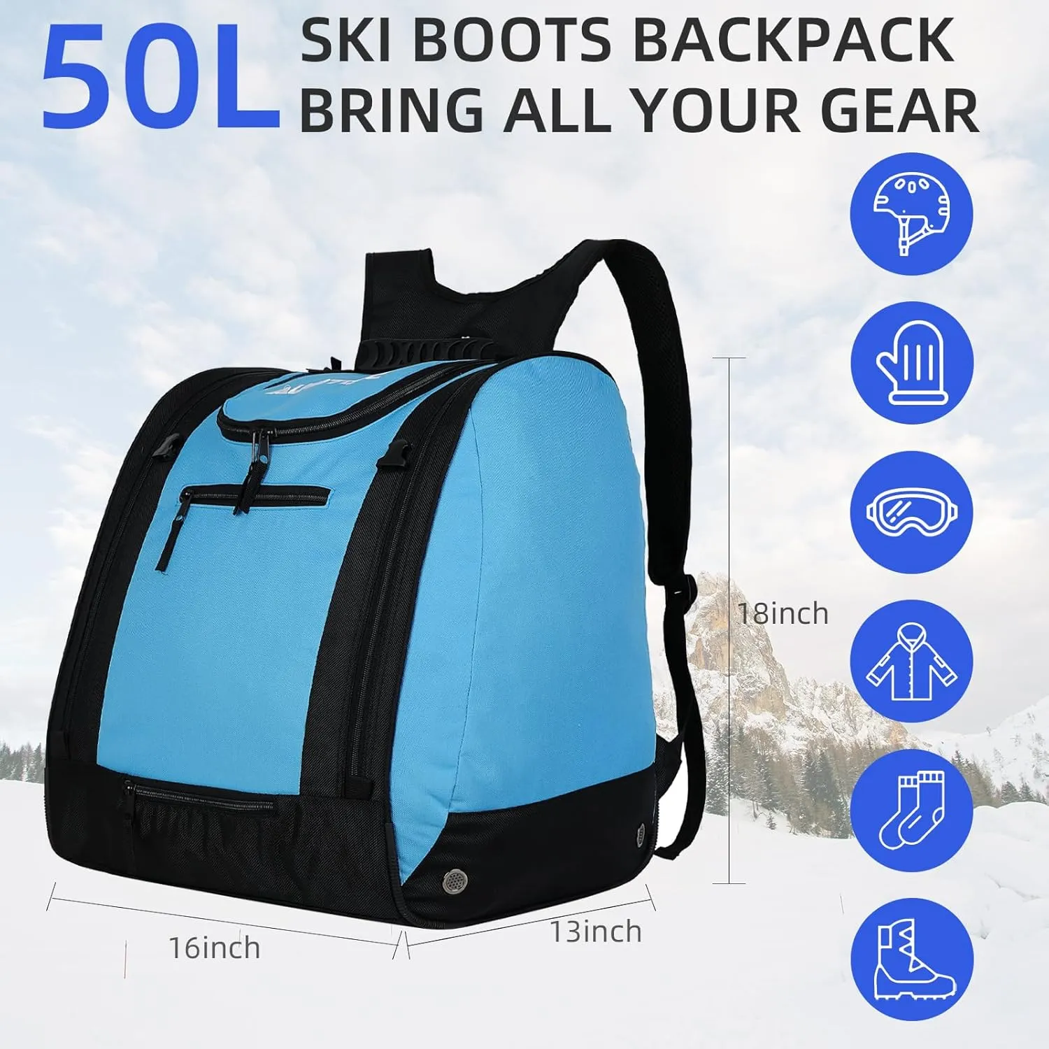 AUMTISC Ski Boot Bag Backpack, Padded SKi Boots and Helmet Bags for Flying Air Travel, Skiing Gear, Goggles, Gloves, Skis & Snowboard