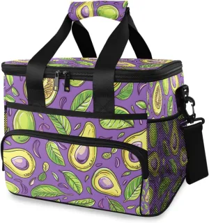 Avacado Fruits Leaves Purple Cooler Bag Insulated Cooler Soft Sided Cooler 24 Can Portable Picnic Bag Large Leakproof Lunch Bag Box for Beach Grocery Camping Travel Car Men Women