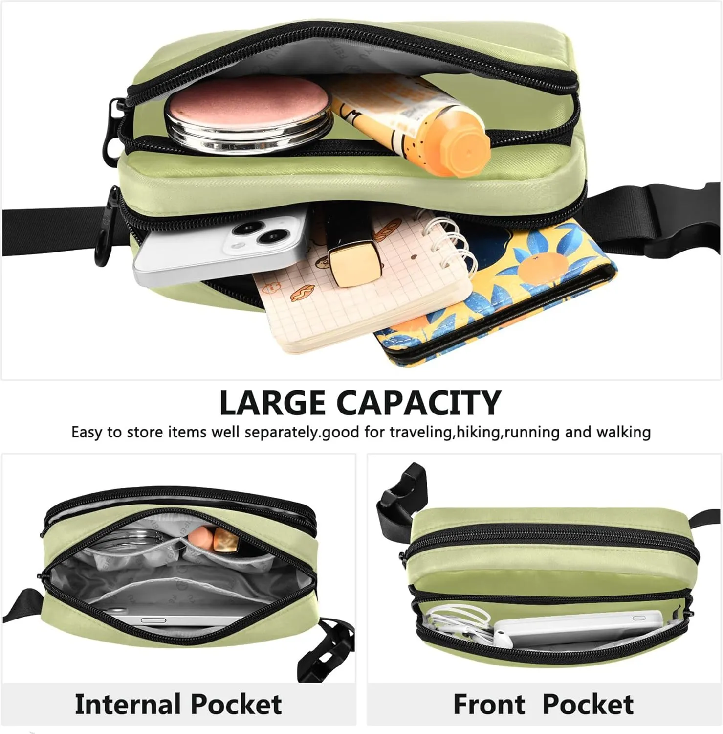 Avocado Green Floral White Gradient Fanny Pack for Women Waterproof Hip Pack Belt Pouch Flower Travel Waist Pack for Men