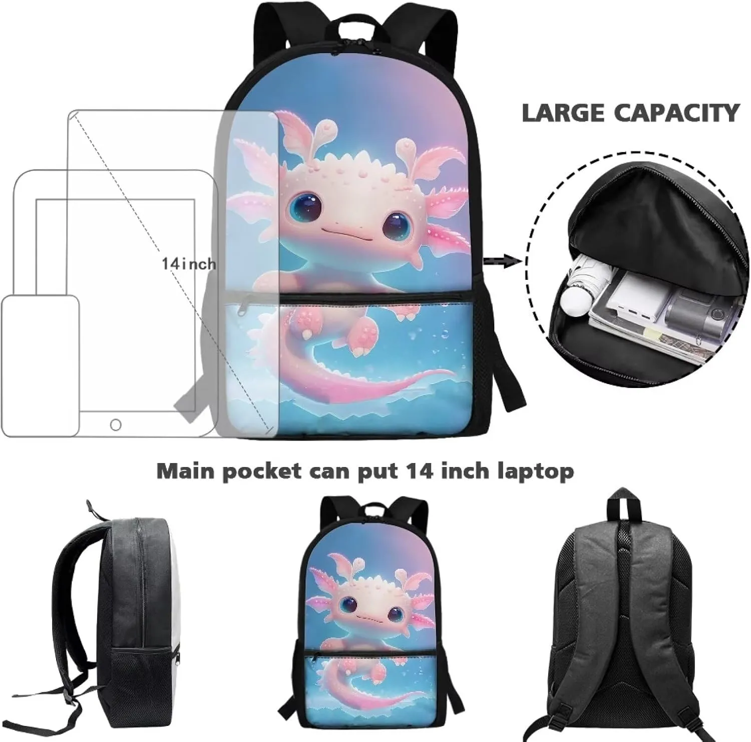 Axolotl Backpack for Girls Preschool Primary Kindergarten School Bag with Front Pockets Kids Book Bag 6-8 8-10 Travle Student Daycare Satchel Bag Schoolbag