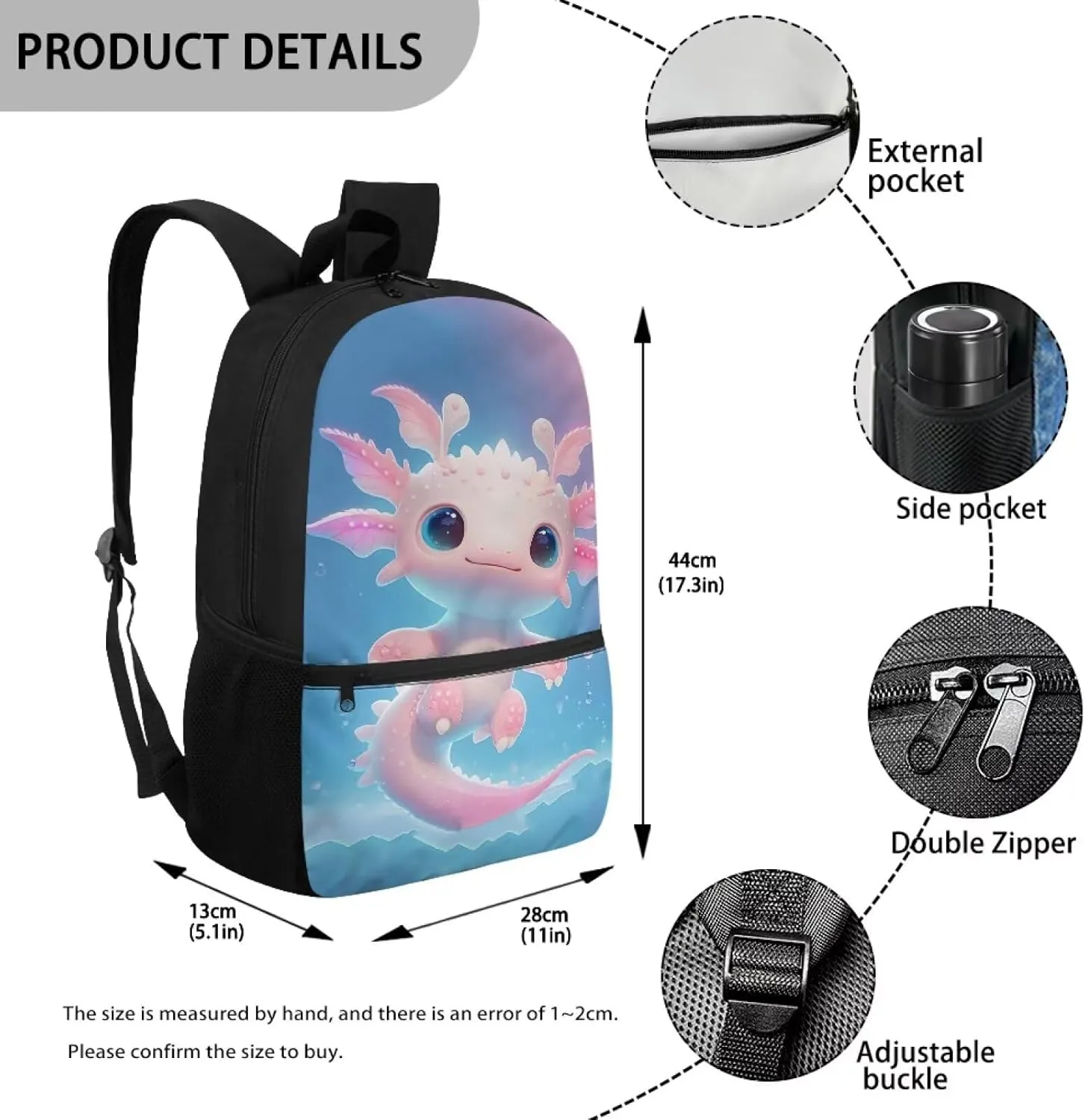 Axolotl Backpack for Girls Preschool Primary Kindergarten School Bag with Front Pockets Kids Book Bag 6-8 8-10 Travle Student Daycare Satchel Bag Schoolbag