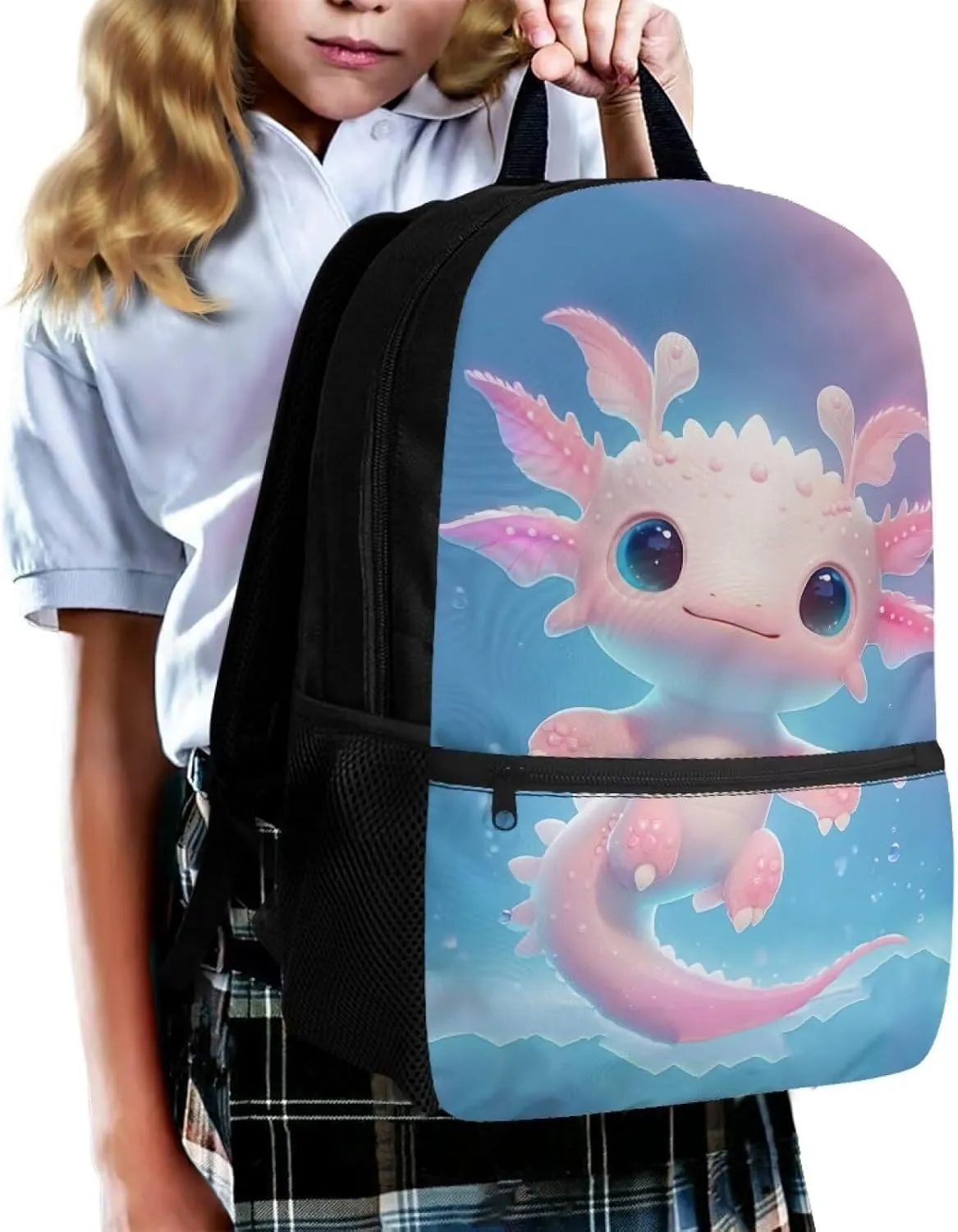 Axolotl Backpack for Girls Preschool Primary Kindergarten School Bag with Front Pockets Kids Book Bag 6-8 8-10 Travle Student Daycare Satchel Bag Schoolbag