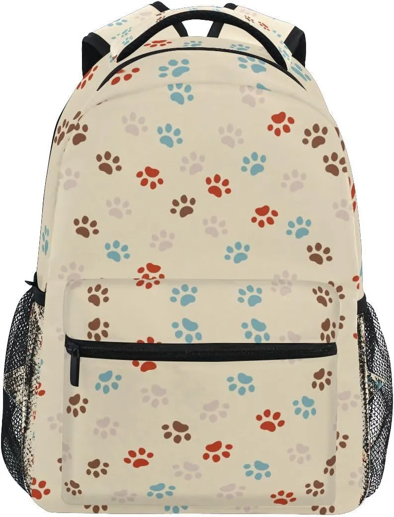 Backpack Beige Khaki Footprints Dog Cat Dots Cartoon Daypack Shoulder Bag with Name Label Tag for Travel Hiking Sports Gym Casual Camping