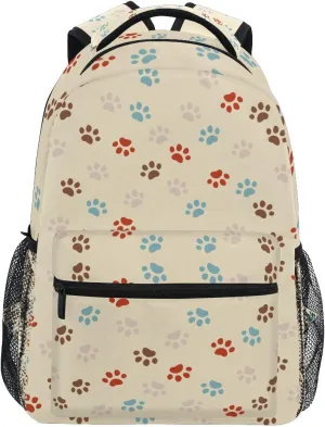 Backpack Beige Khaki Footprints Dog Cat Dots Cartoon Daypack Shoulder Bag with Name Label Tag for Travel Hiking Sports Gym Casual Camping