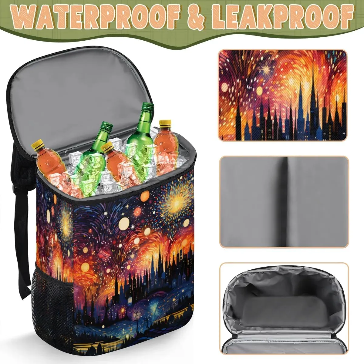 Backpack Cooler Abstract Fireworks City Cooler Backpack Insulated Leak Proof Soft Cooler Bag for Men Women Lunch Backpack for Camping Picnic Hiking Beach Travel