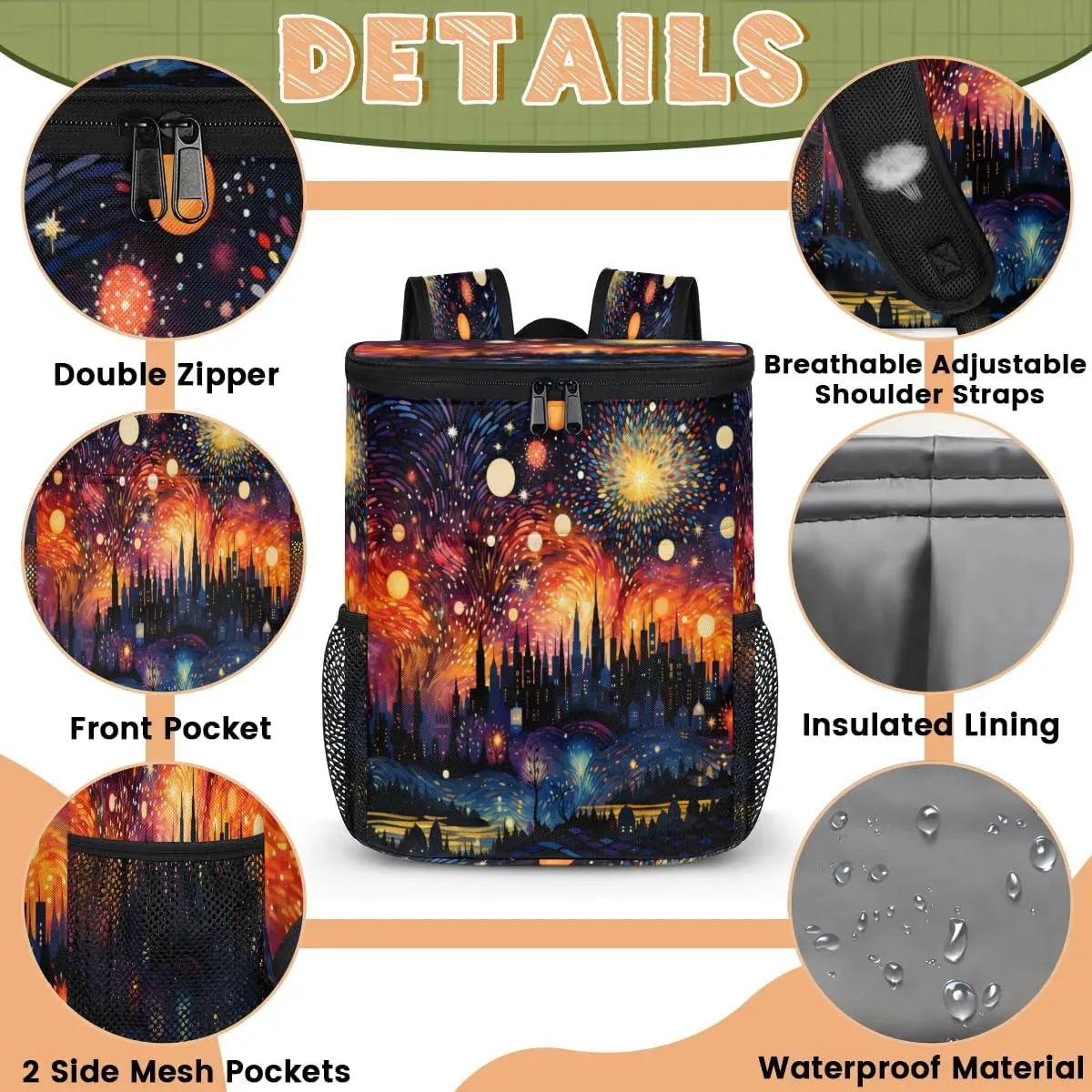 Backpack Cooler Abstract Fireworks City Cooler Backpack Insulated Leak Proof Soft Cooler Bag for Men Women Lunch Backpack for Camping Picnic Hiking Beach Travel
