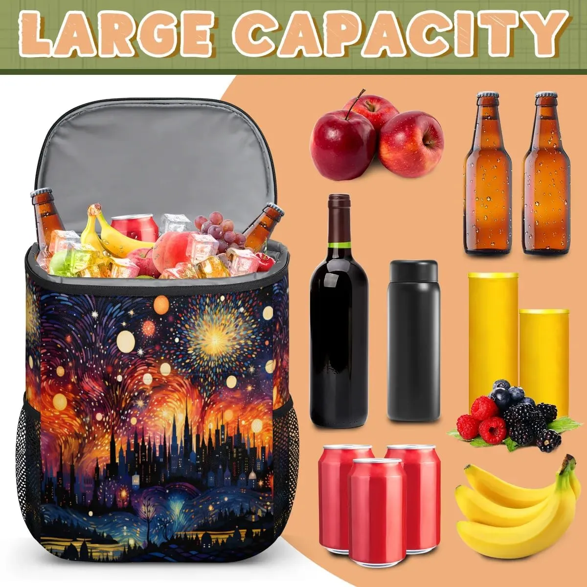 Backpack Cooler Abstract Fireworks City Cooler Backpack Insulated Leak Proof Soft Cooler Bag for Men Women Lunch Backpack for Camping Picnic Hiking Beach Travel