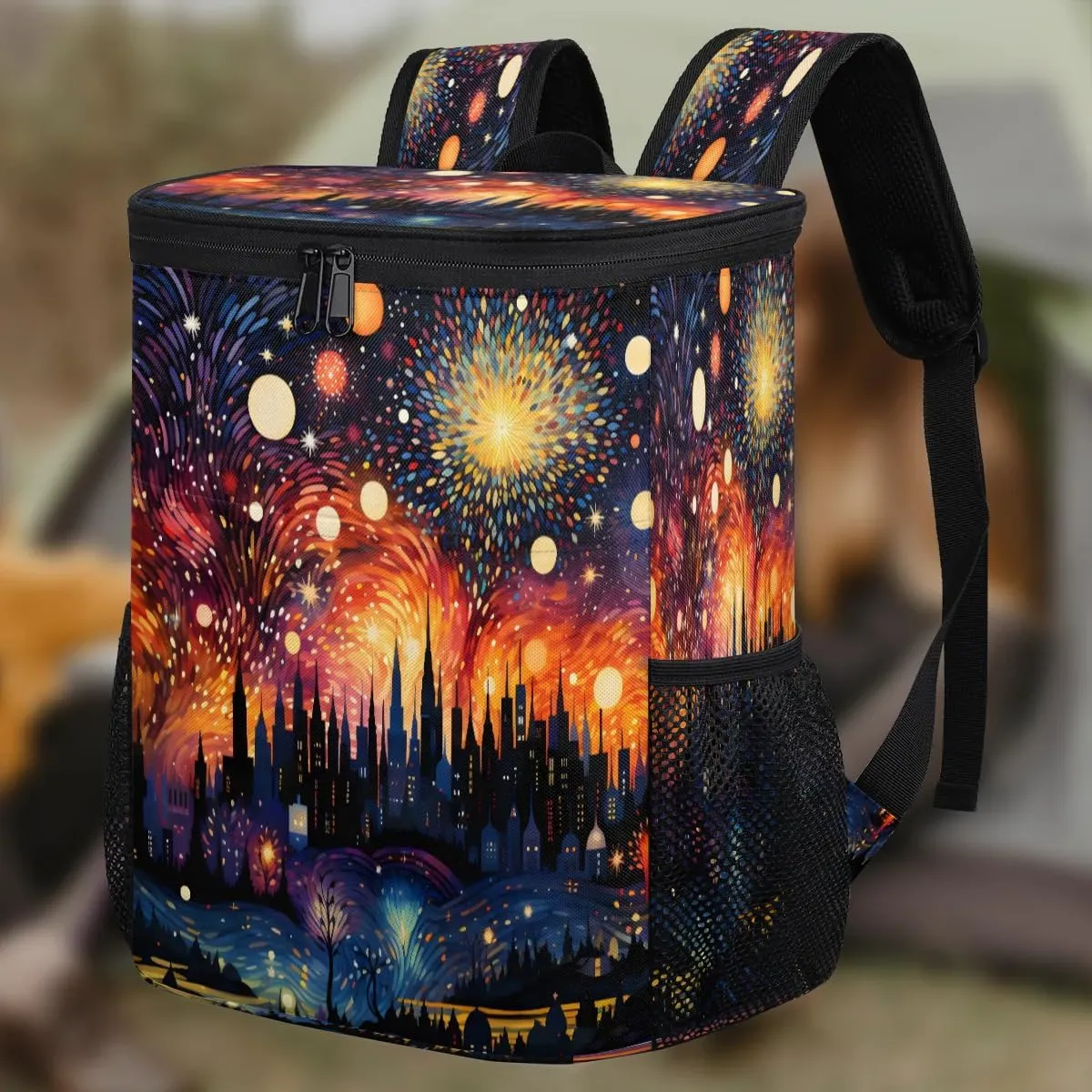 Backpack Cooler Abstract Fireworks City Cooler Backpack Insulated Leak Proof Soft Cooler Bag for Men Women Lunch Backpack for Camping Picnic Hiking Beach Travel