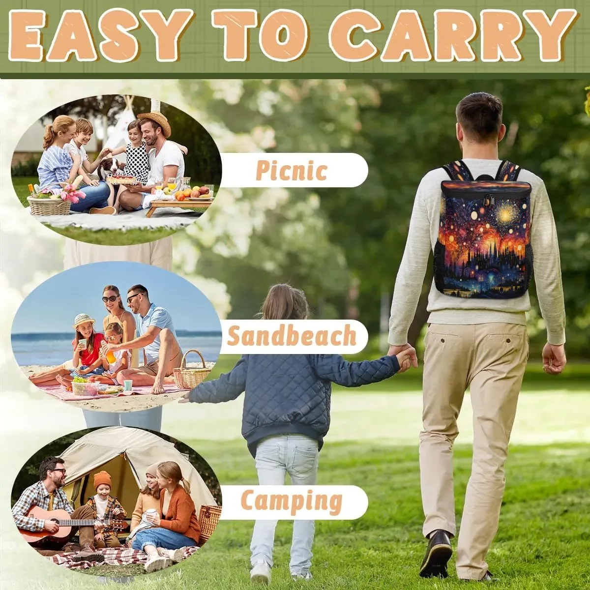 Backpack Cooler Abstract Fireworks City Cooler Backpack Insulated Leak Proof Soft Cooler Bag for Men Women Lunch Backpack for Camping Picnic Hiking Beach Travel