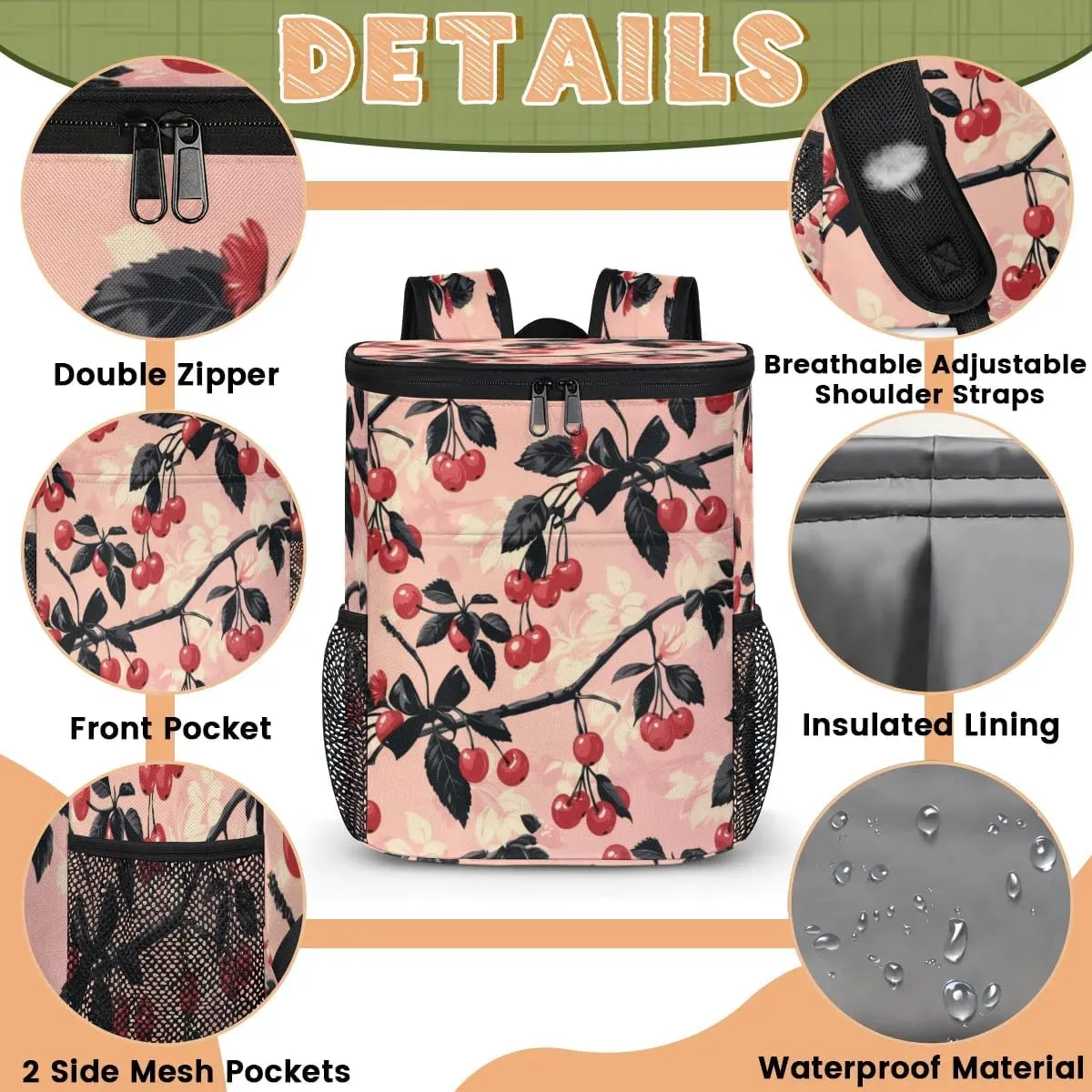 Backpack Cooler Cherry Branches Cooler Backpack Insulated Leak Proof Soft Cooler Bag for Men Women Lunch Backpack for Camping Picnic Hiking Beach Travel