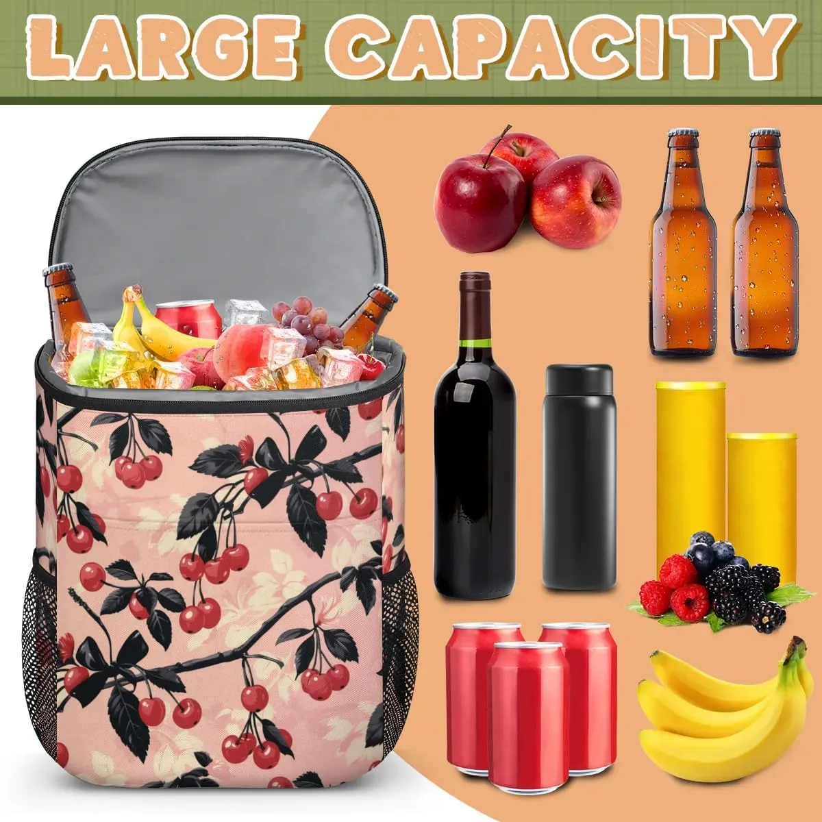 Backpack Cooler Cherry Branches Cooler Backpack Insulated Leak Proof Soft Cooler Bag for Men Women Lunch Backpack for Camping Picnic Hiking Beach Travel
