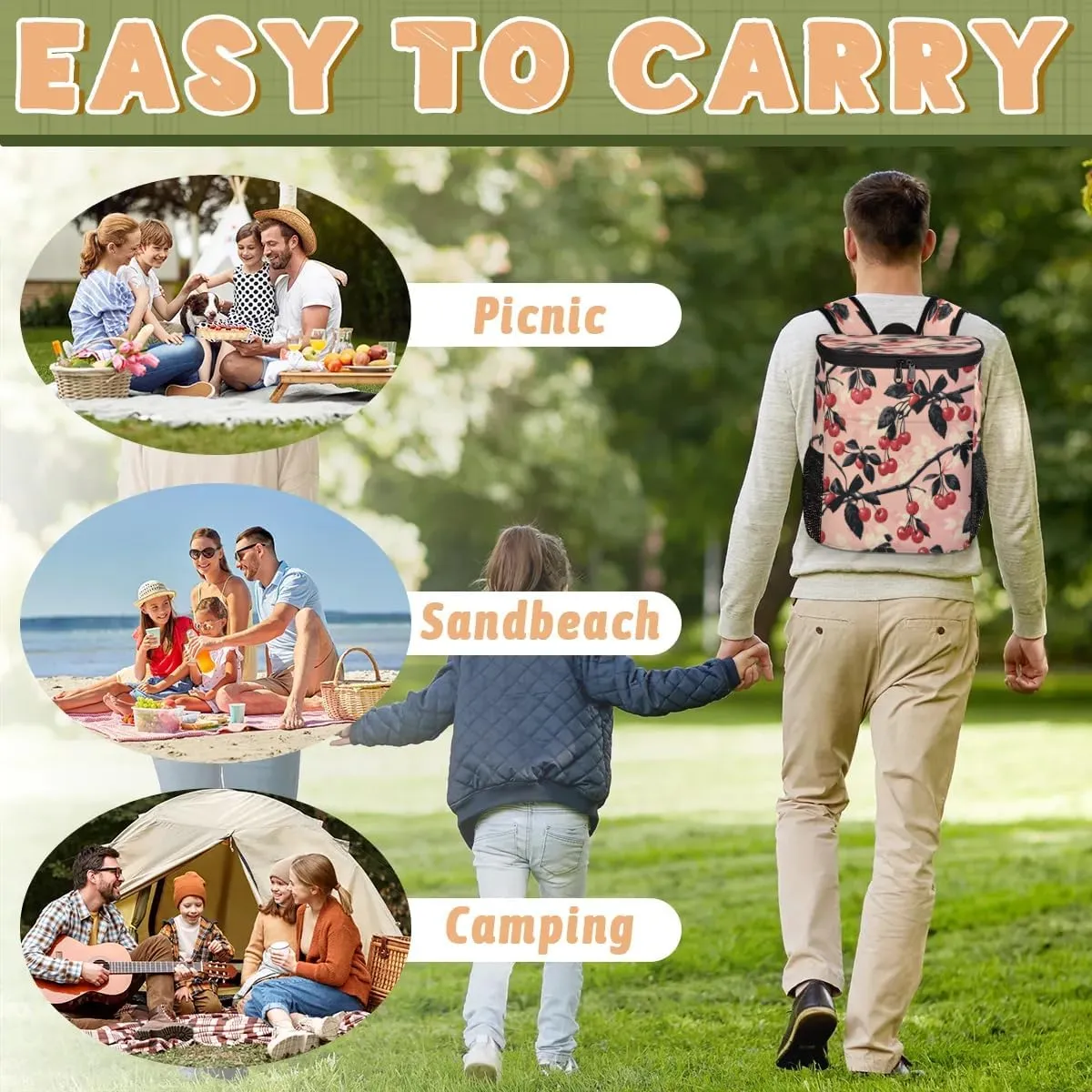 Backpack Cooler Cherry Branches Cooler Backpack Insulated Leak Proof Soft Cooler Bag for Men Women Lunch Backpack for Camping Picnic Hiking Beach Travel