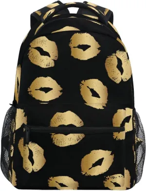 Backpack Daypack Kiss Lips Golden Black Birthday Valentine's Day Shoulder Bag with Name Label Tag With Padded Shoulder Strap Large Medium Size