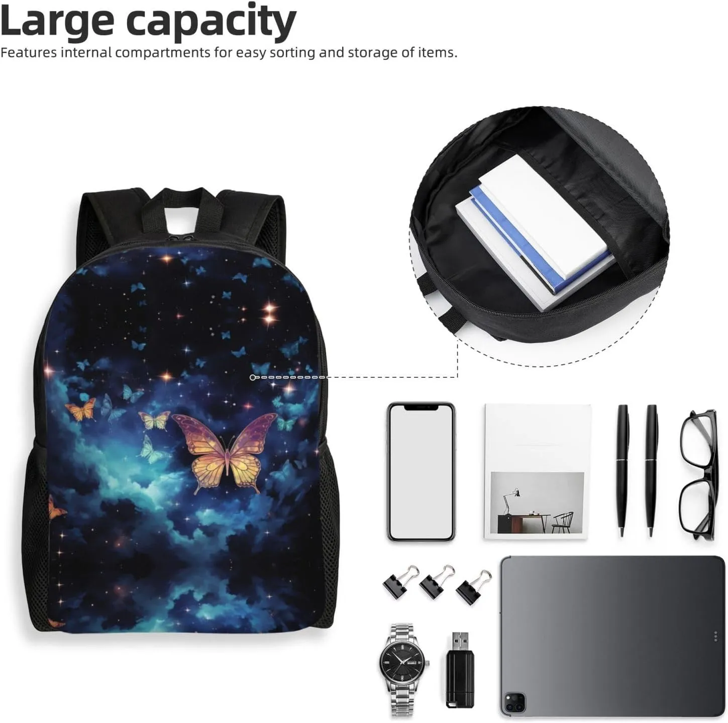 Backpack for Men Women Laptop Backpack Sunset at dusk Daypack Laptop Bag for Travel, Starry Sky Butterfly, One Size