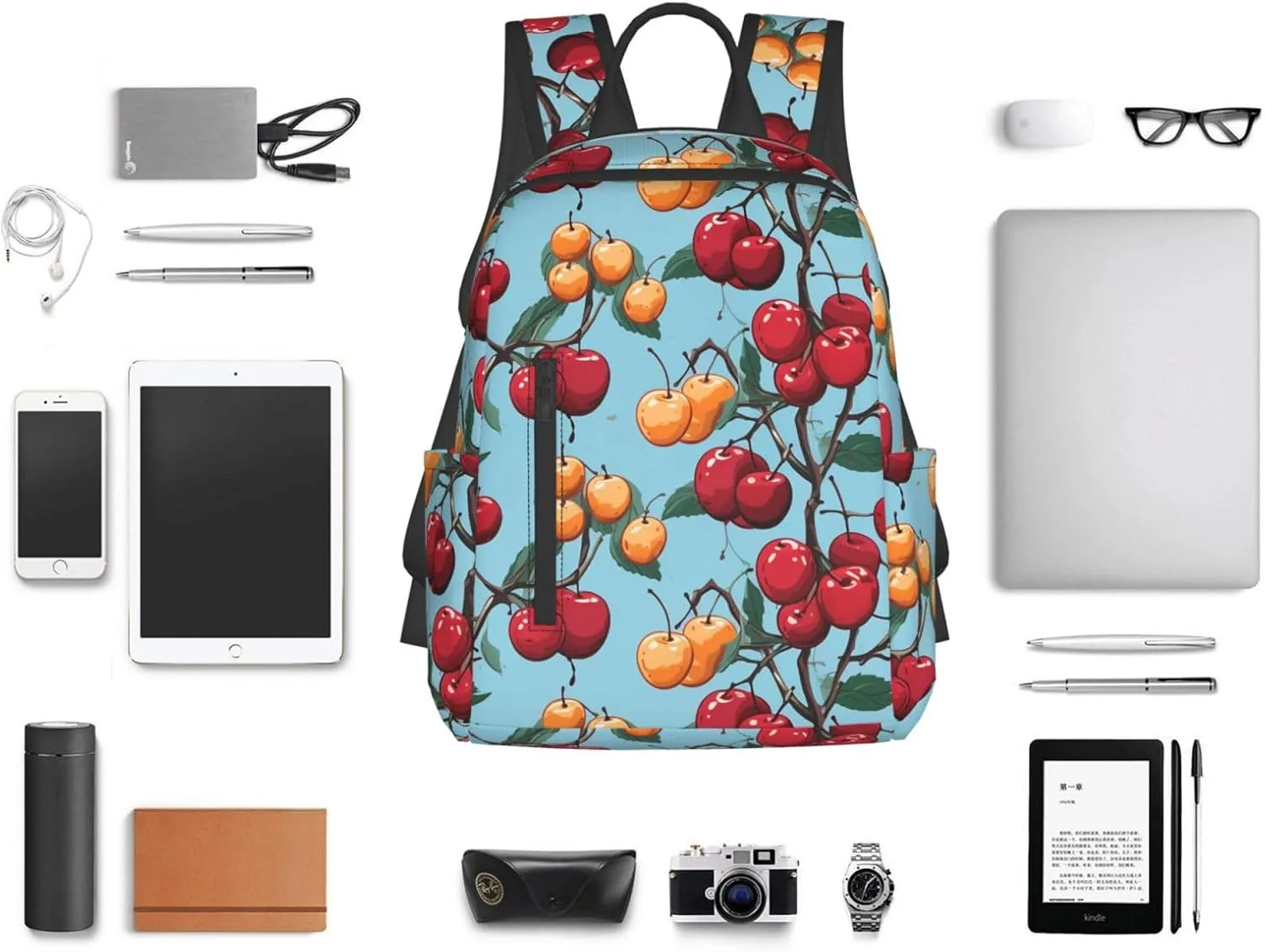 Backpack for Women Men Casual Travel Daypacks Evening in Vancouver Rucksuck for Work Cute Laptop Backpack, Cherry Pattern, One Size