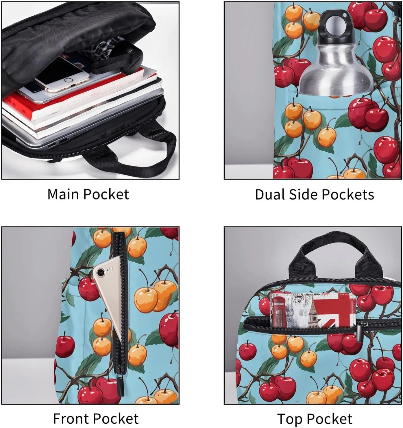 Backpack for Women Men Casual Travel Daypacks Evening in Vancouver Rucksuck for Work Cute Laptop Backpack, Cherry Pattern, One Size