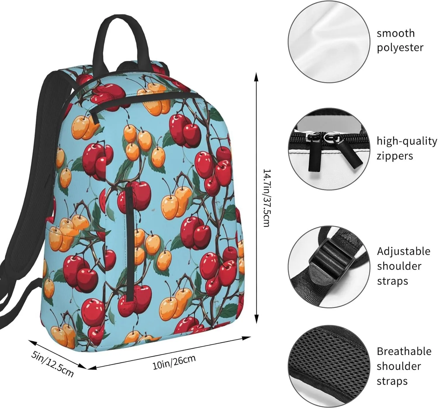 Backpack for Women Men Casual Travel Daypacks Evening in Vancouver Rucksuck for Work Cute Laptop Backpack, Cherry Pattern, One Size