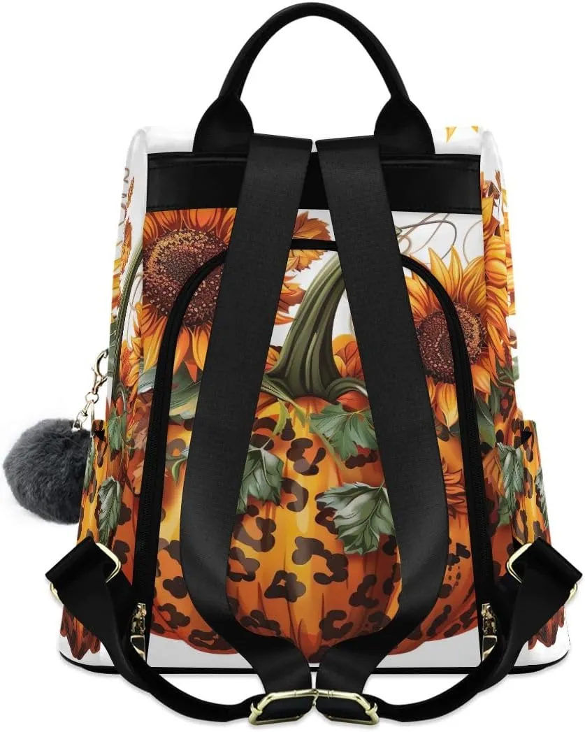 Backpack Purse for Women Leopard Print Design Pumpkin Anti Theft Travel Bag Fashion Pompom Backpack for Hiking