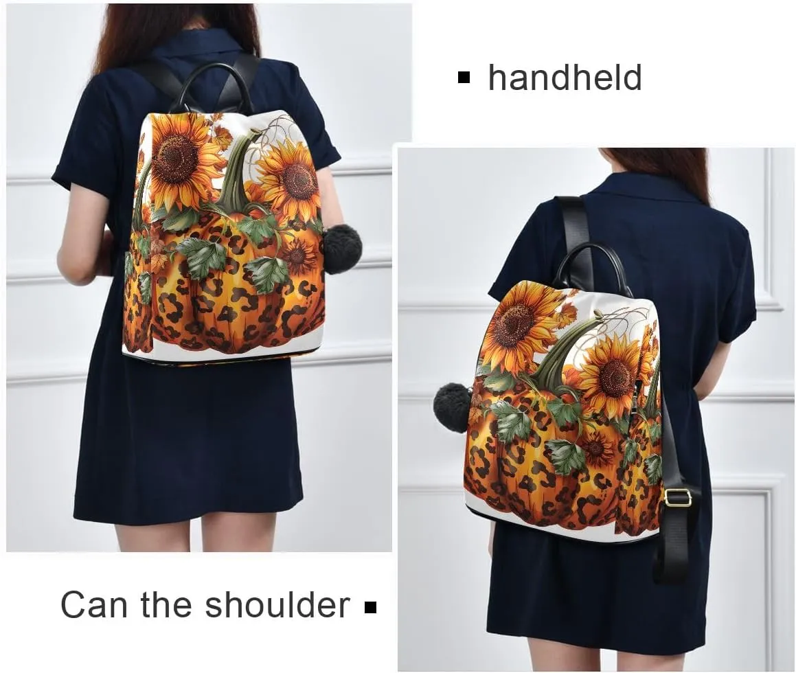 Backpack Purse for Women Leopard Print Design Pumpkin Anti Theft Travel Bag Fashion Pompom Backpack for Hiking
