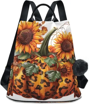 Backpack Purse for Women Leopard Print Design Pumpkin Anti Theft Travel Bag Fashion Pompom Backpack for Hiking