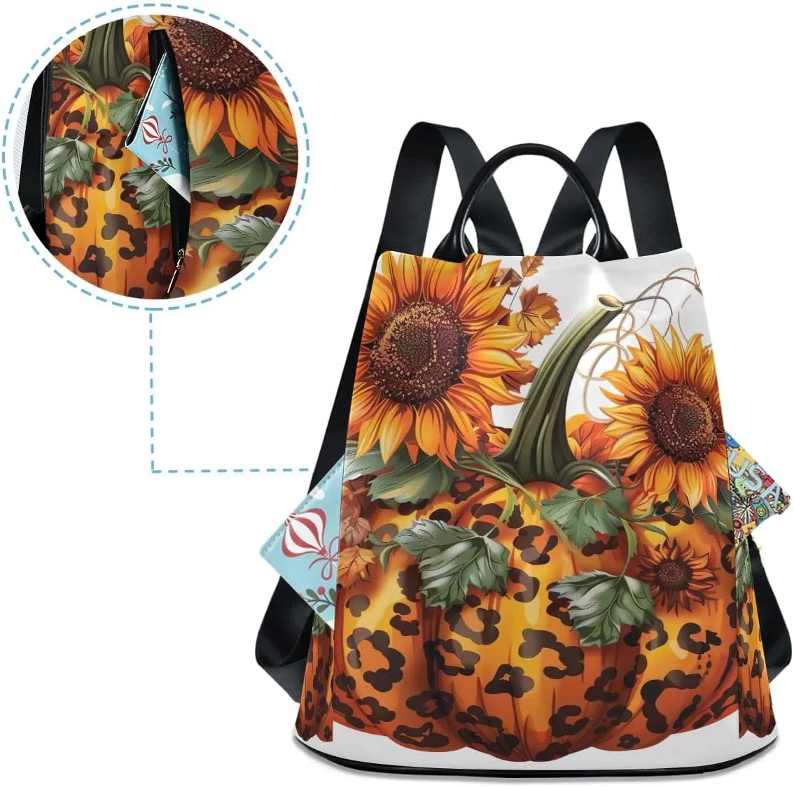 Backpack Purse for Women Leopard Print Design Pumpkin Anti Theft Travel Bag Fashion Pompom Backpack for Hiking