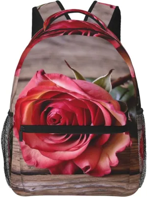 Backpack Travel Laptop Backpack for Men Women Lightweight Rucksack Rose on Old Wooden Board Casual Daypack