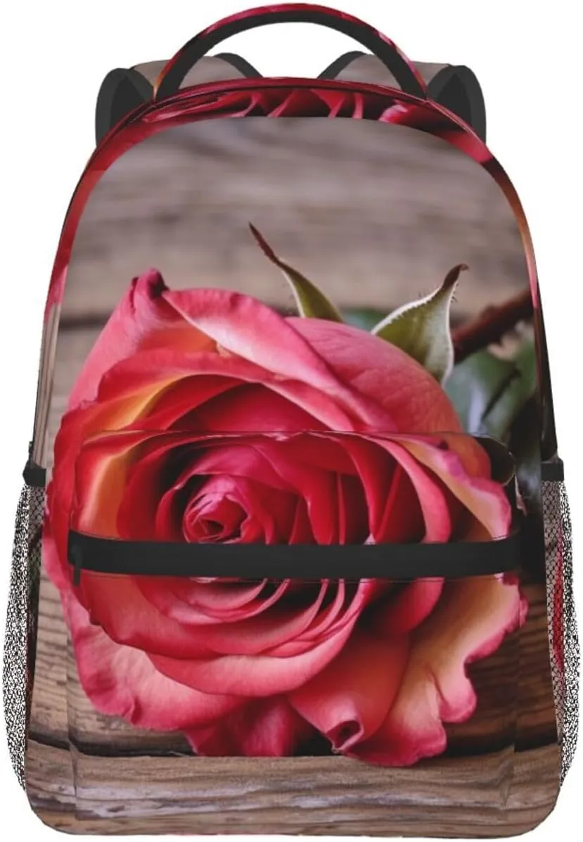 Backpack Travel Laptop Backpack for Men Women Lightweight Rucksack Rose on Old Wooden Board Casual Daypack