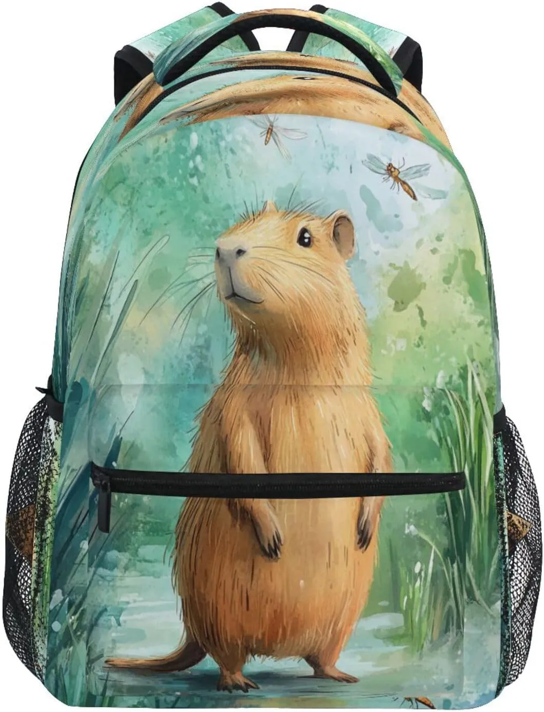 Backpacks for Teens Boys Girls Waterproof Vintage Daypacks with Chest Strap for Travel Trip Cartoon Capybara A River