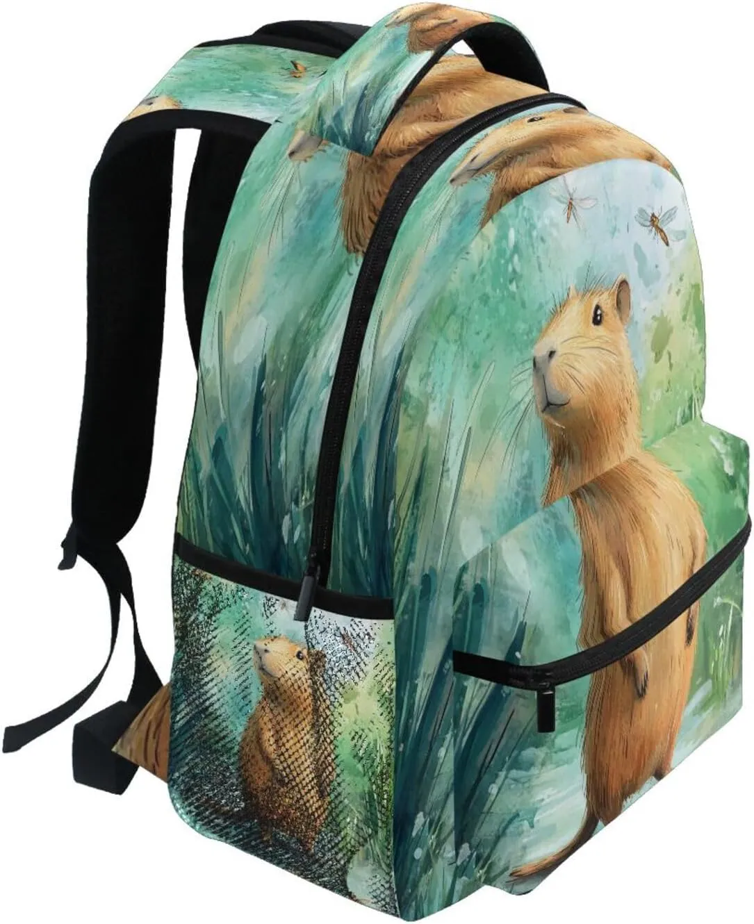 Backpacks for Teens Boys Girls Waterproof Vintage Daypacks with Chest Strap for Travel Trip Cartoon Capybara A River