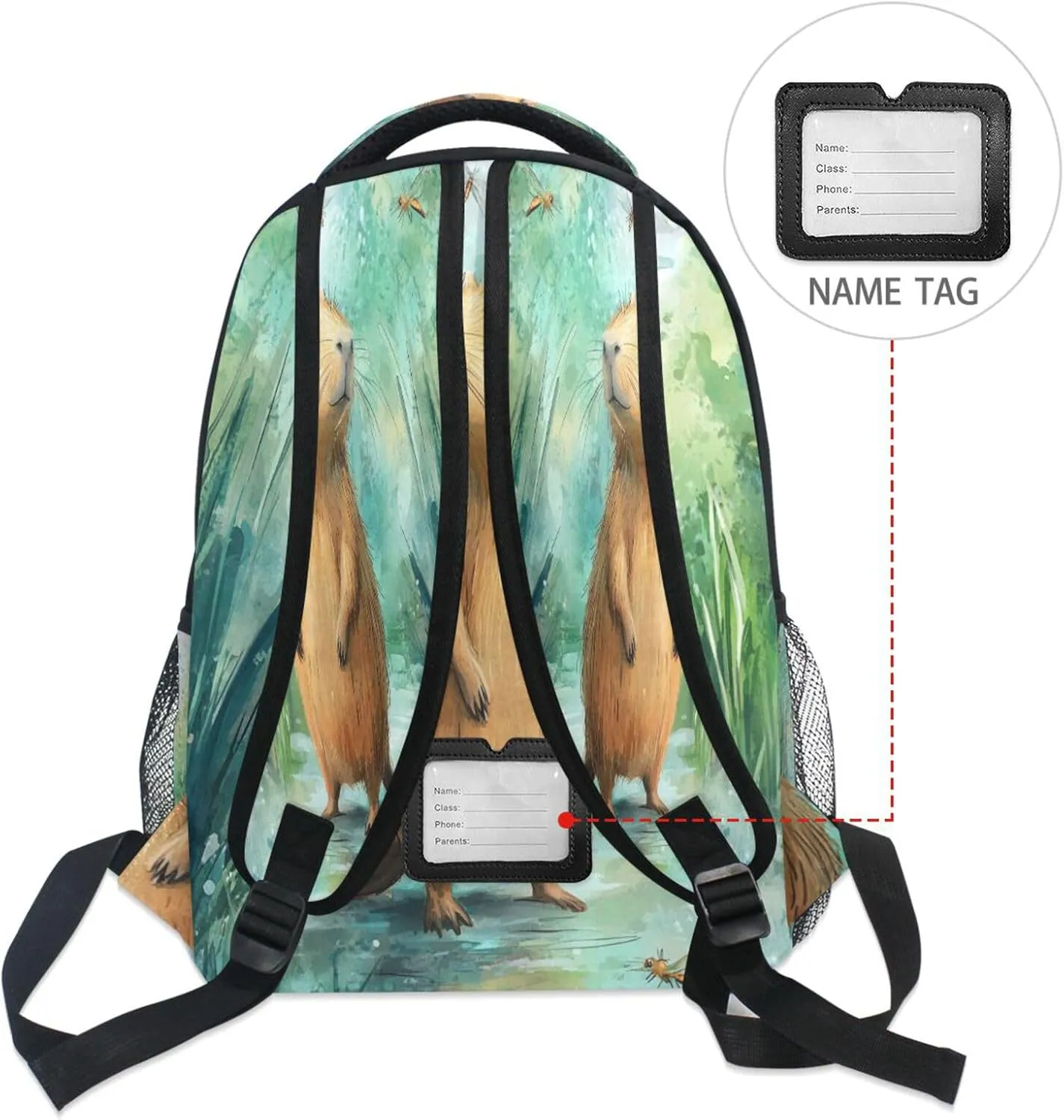 Backpacks for Teens Boys Girls Waterproof Vintage Daypacks with Chest Strap for Travel Trip Cartoon Capybara A River