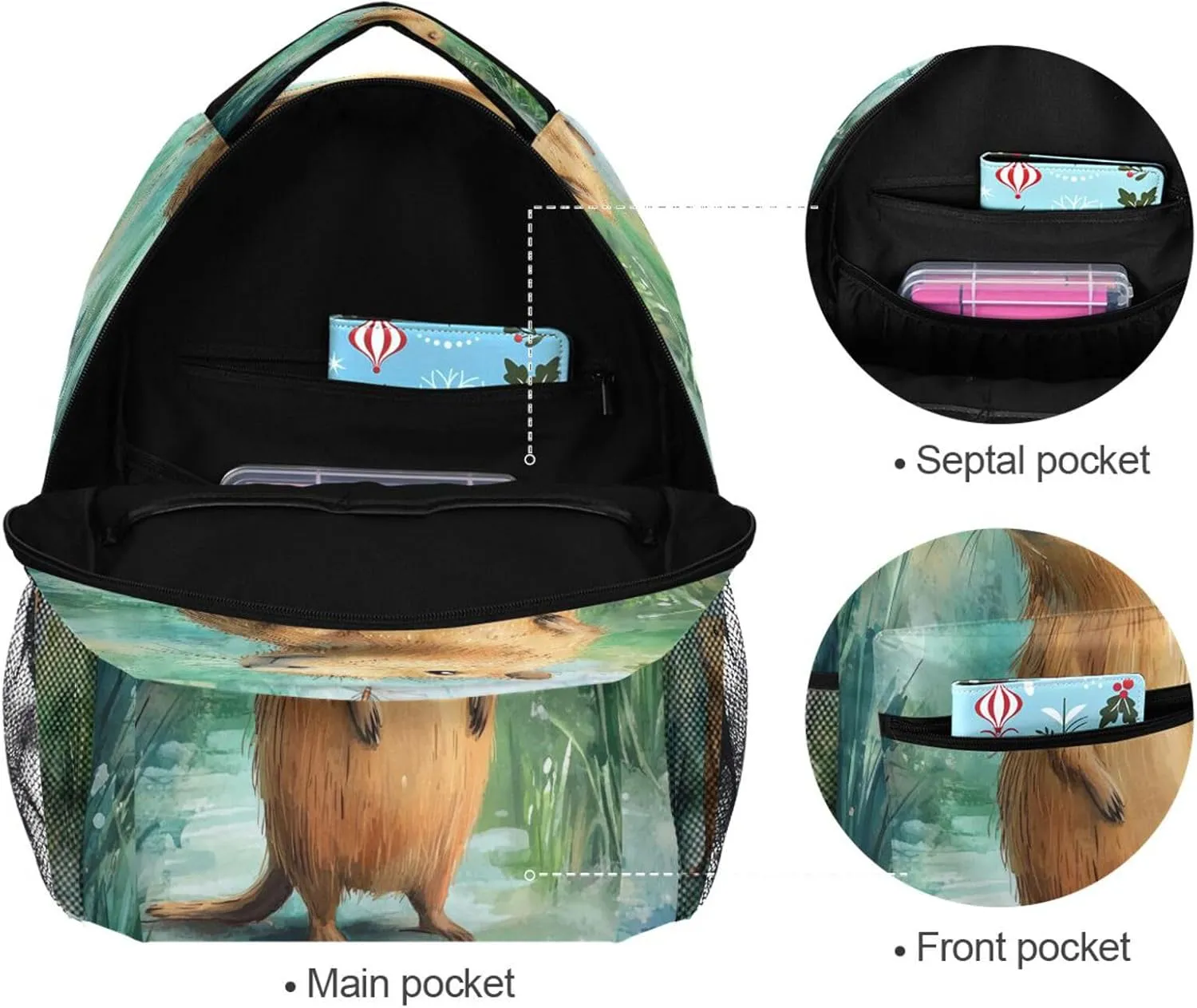 Backpacks for Teens Boys Girls Waterproof Vintage Daypacks with Chest Strap for Travel Trip Cartoon Capybara A River