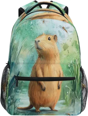 Backpacks for Teens Boys Girls Waterproof Vintage Daypacks with Chest Strap for Travel Trip Cartoon Capybara A River