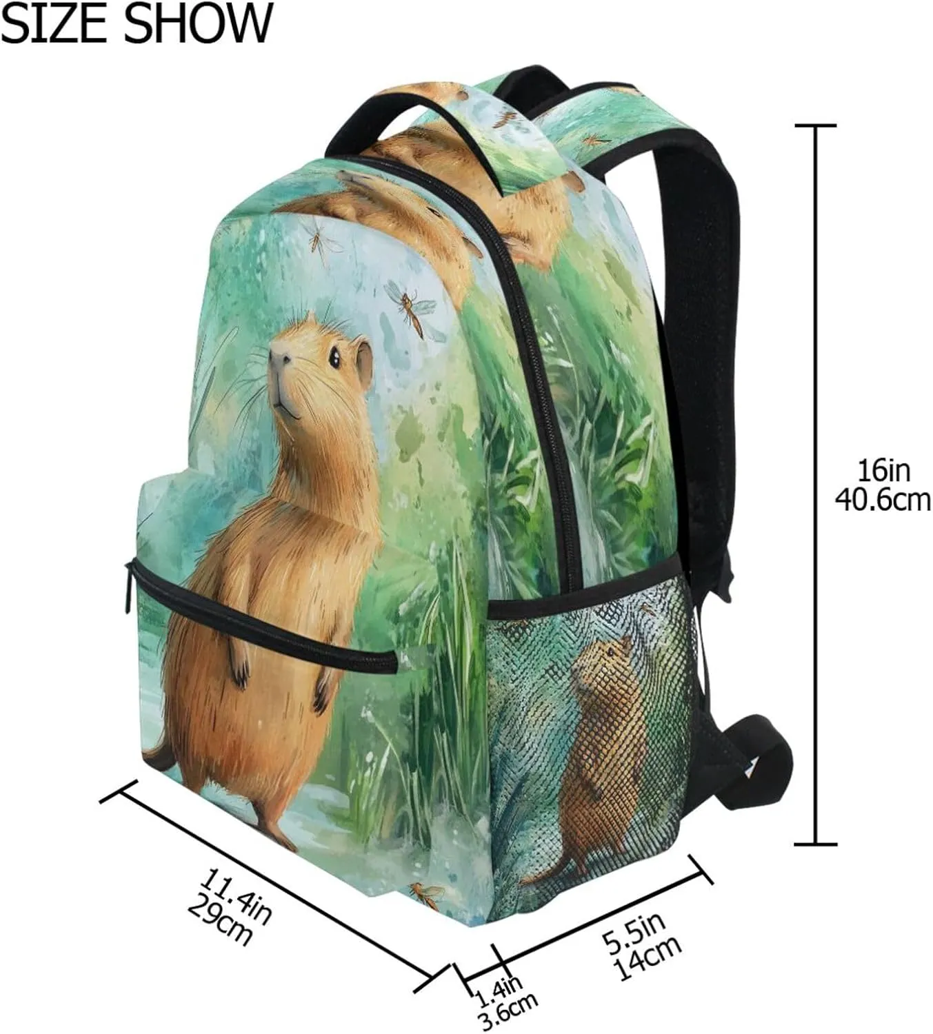 Backpacks for Teens Boys Girls Waterproof Vintage Daypacks with Chest Strap for Travel Trip Cartoon Capybara A River