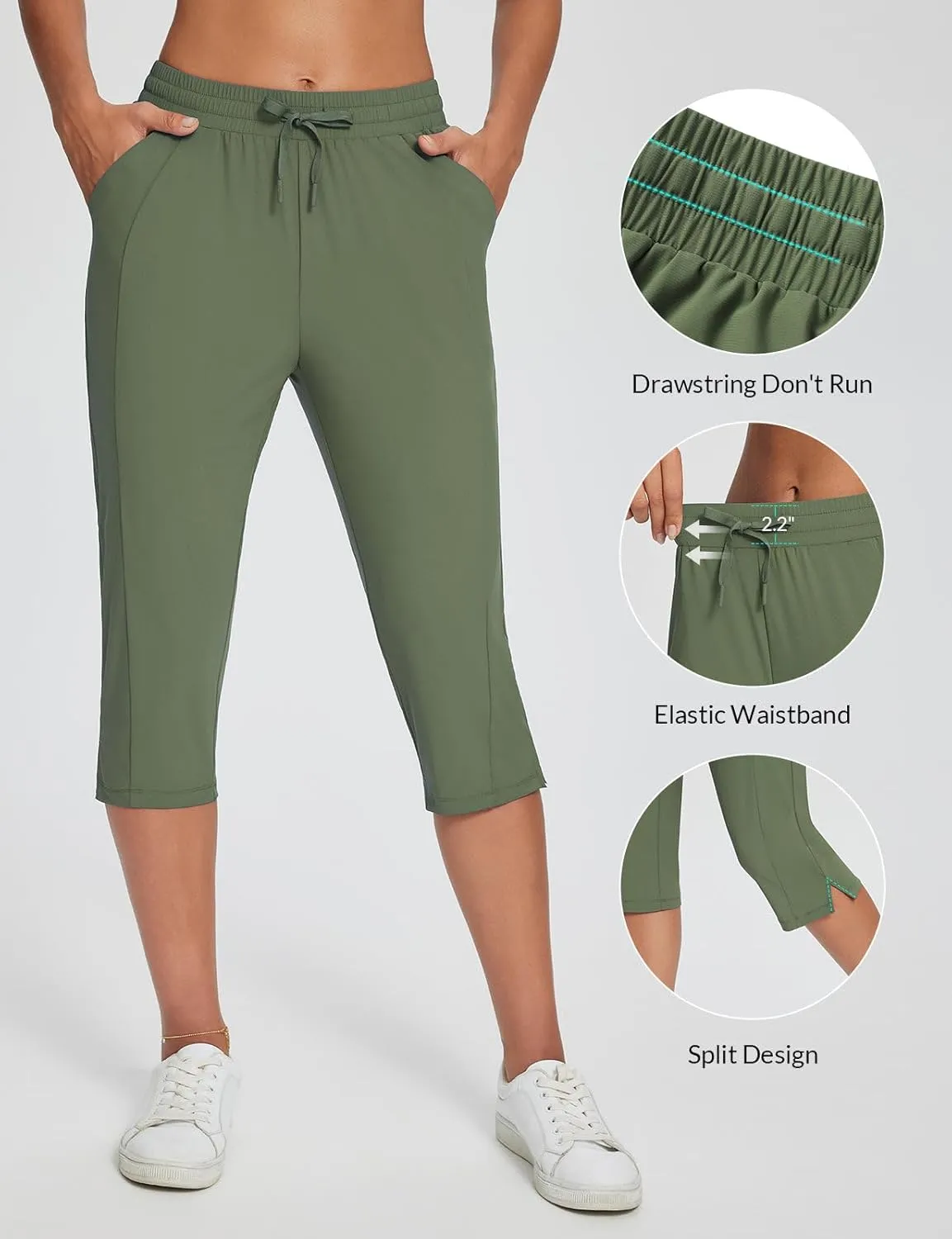 baleaf Women's Yoga Capris Pants with Pockets Lightweight UPF50  Drawstring Waist Petite Athletic Sweatpants Casual Summer