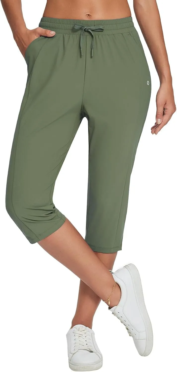 baleaf Women's Yoga Capris Pants with Pockets Lightweight UPF50  Drawstring Waist Petite Athletic Sweatpants Casual Summer