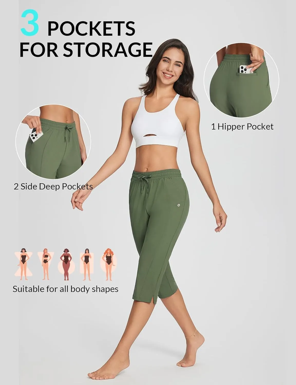 baleaf Women's Yoga Capris Pants with Pockets Lightweight UPF50  Drawstring Waist Petite Athletic Sweatpants Casual Summer