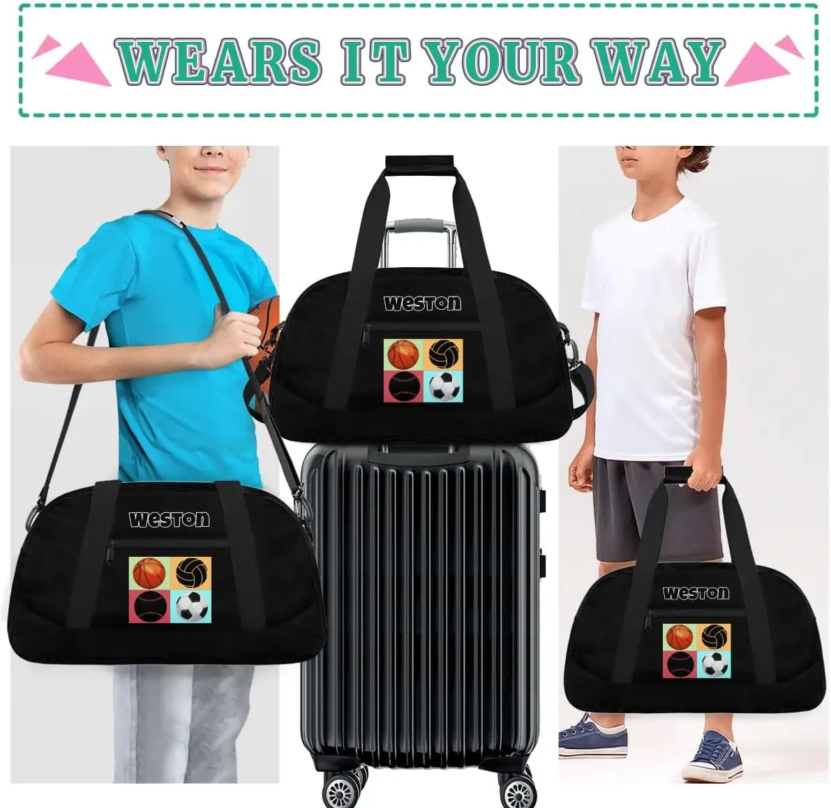 Ball Custom Name Gym Bag Soccer Volleyball Basketball Personalized Sport Duffel Bag Training Bag Carry On Overnight Weekender Travel Tote Bags, Black