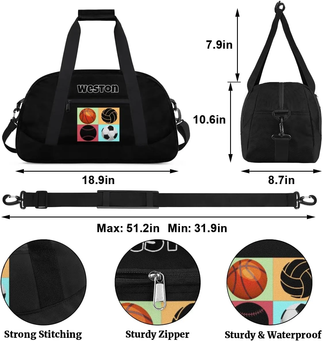 Ball Custom Name Gym Bag Soccer Volleyball Basketball Personalized Sport Duffel Bag Training Bag Carry On Overnight Weekender Travel Tote Bags, Black