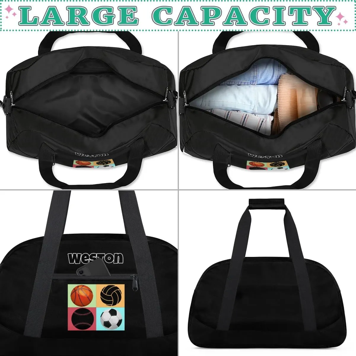 Ball Custom Name Gym Bag Soccer Volleyball Basketball Personalized Sport Duffel Bag Training Bag Carry On Overnight Weekender Travel Tote Bags, Black