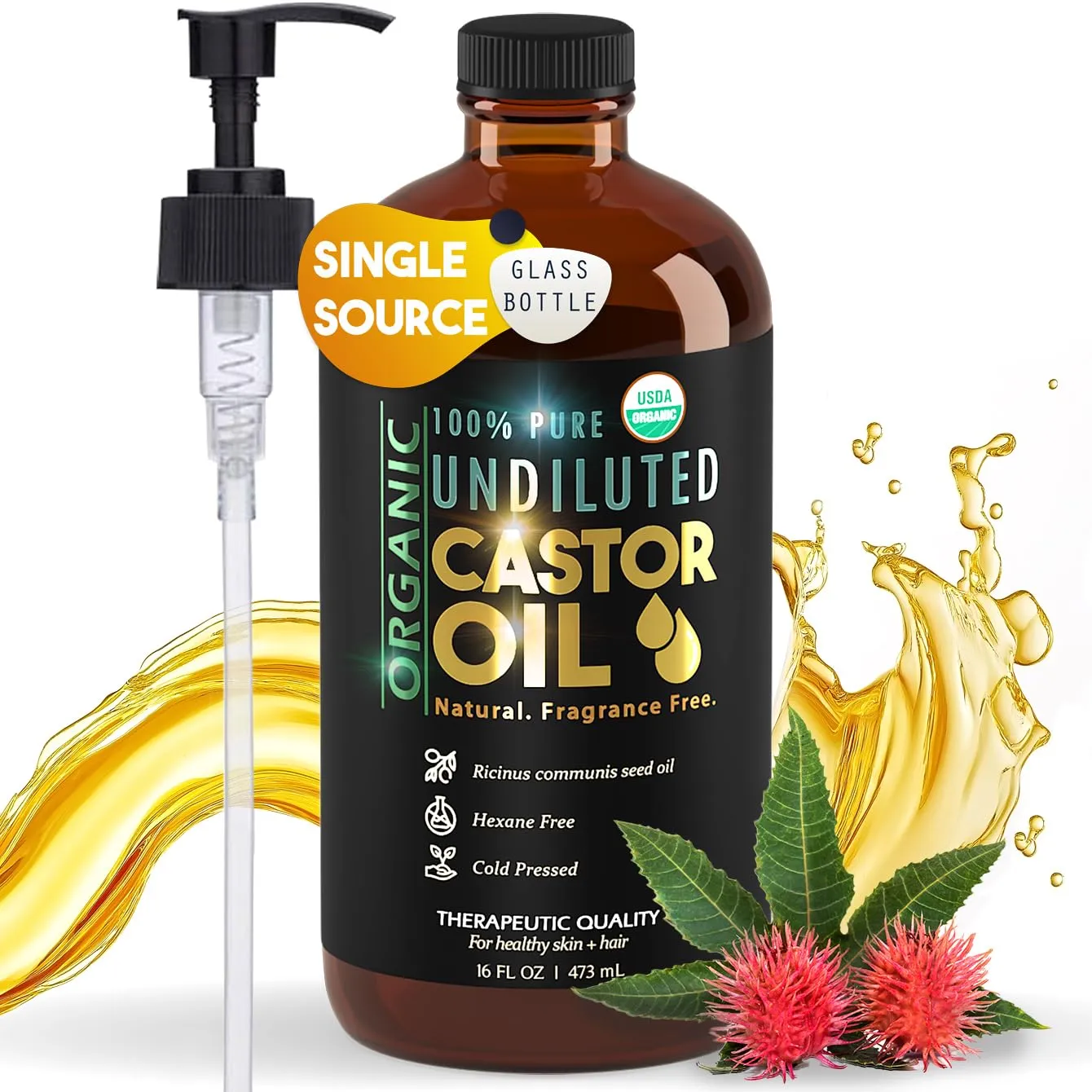 BALM OF GILEAD Organic Castor Oil for Skin Hydration - Therapeutic Cold Pressed, USDA Certified 100% Pure, Glass Bottle - 16 oz Unrefined, Hexane Free, Castor Oil for Hair & Eyelashes Growth