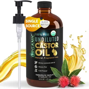 BALM OF GILEAD Organic Castor Oil for Skin Hydration - Therapeutic Cold Pressed, USDA Certified 100% Pure, Glass Bottle - 16 oz Unrefined, Hexane Free, Castor Oil for Hair & Eyelashes Growth