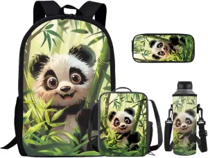 Bamboo Panda Junior High School Backpack for Girls 7Th School Bookbag with Pencil Case Rucksack for Teens Child Back To School 17 Inch Backpack 4Pcs Set Bookbag