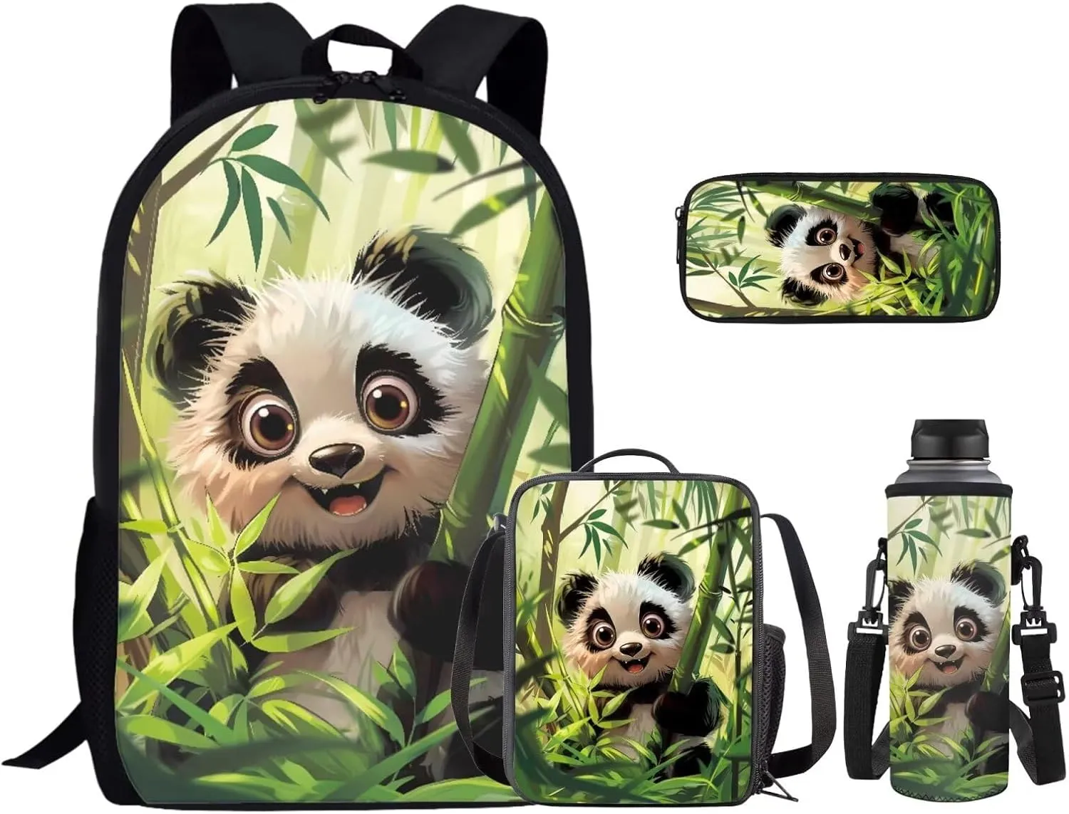 Bamboo Panda Junior High School Backpack for Girls 7Th School Bookbag with Pencil Case Rucksack for Teens Child Back To School 17 Inch Backpack 4Pcs Set Bookbag
