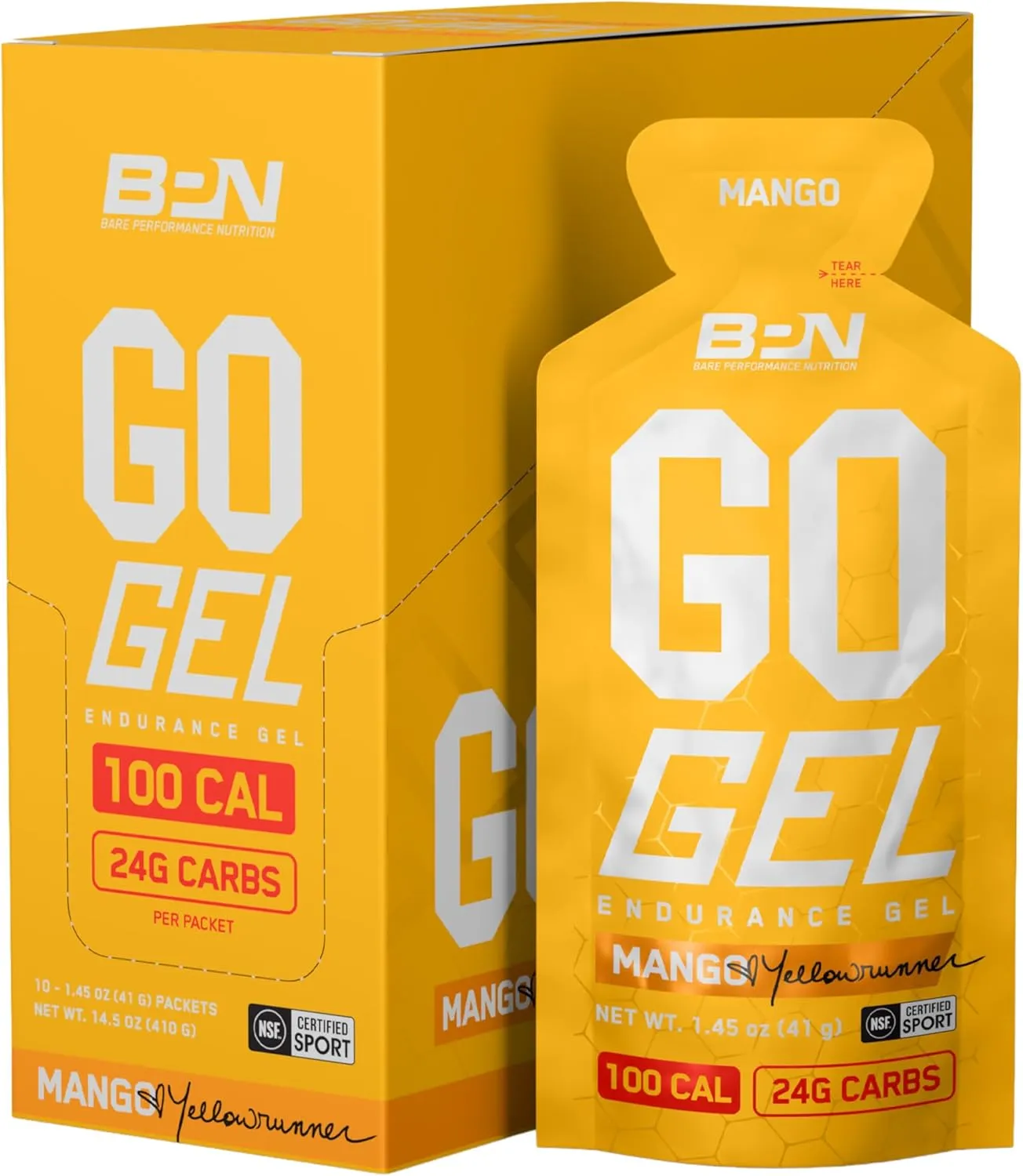 BARE PERFORMANCE NUTRITION, BPN Go Gel Endurance, 24g of Carbohydrates & 100 Calories per Pack, Vegan   Gluten Free Running Gel, 10 Single-Serving Packs, Mango