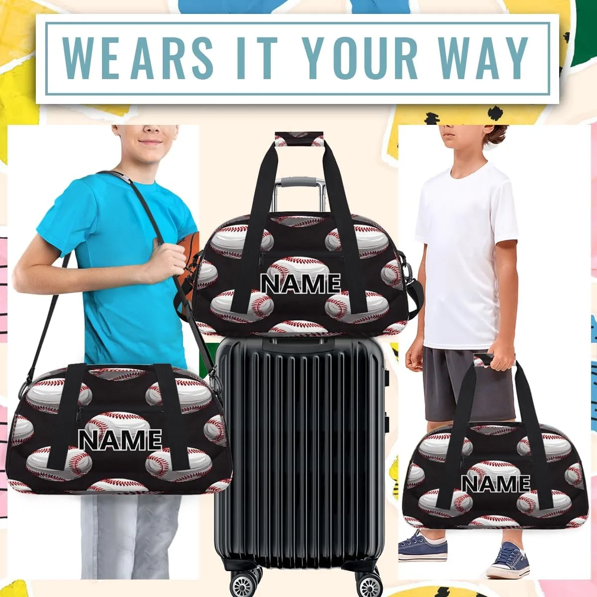 Baseball Custom Small Gym Bag 18 inch for Women Men Personalized Baseball Sports Pattern Carry On Overnight Weekender Bag for Travel Work Dance Sport