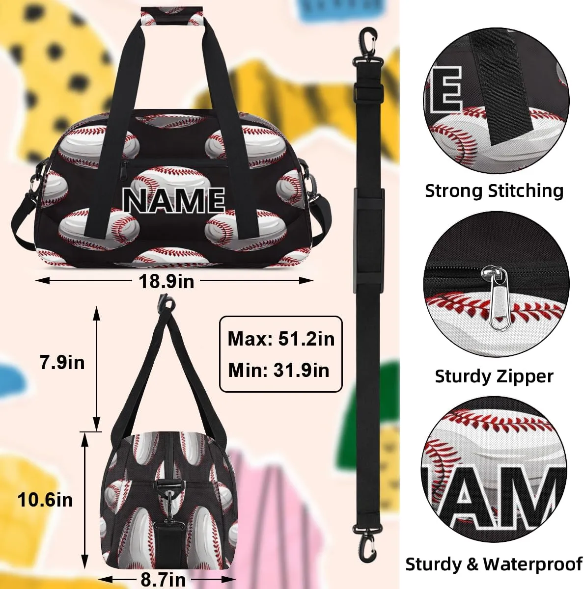 Baseball Custom Small Gym Bag 18 inch for Women Men Personalized Baseball Sports Pattern Carry On Overnight Weekender Bag for Travel Work Dance Sport