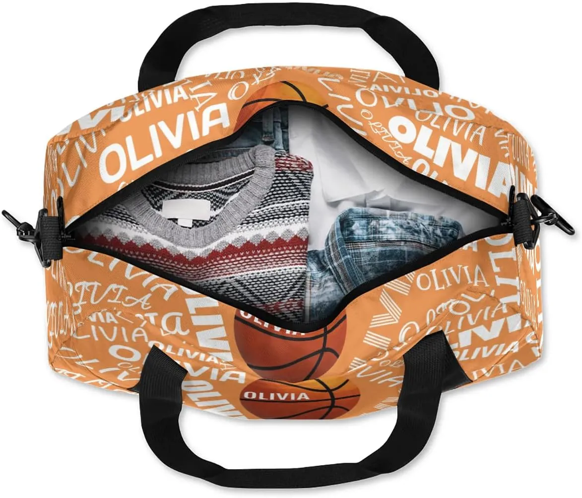 Basketball Custom Sport Gym Bag, Personalized Name Overnight Duffel Bag for Boys Girls Weekender Bags Carry On Training Bag, Pale Orange