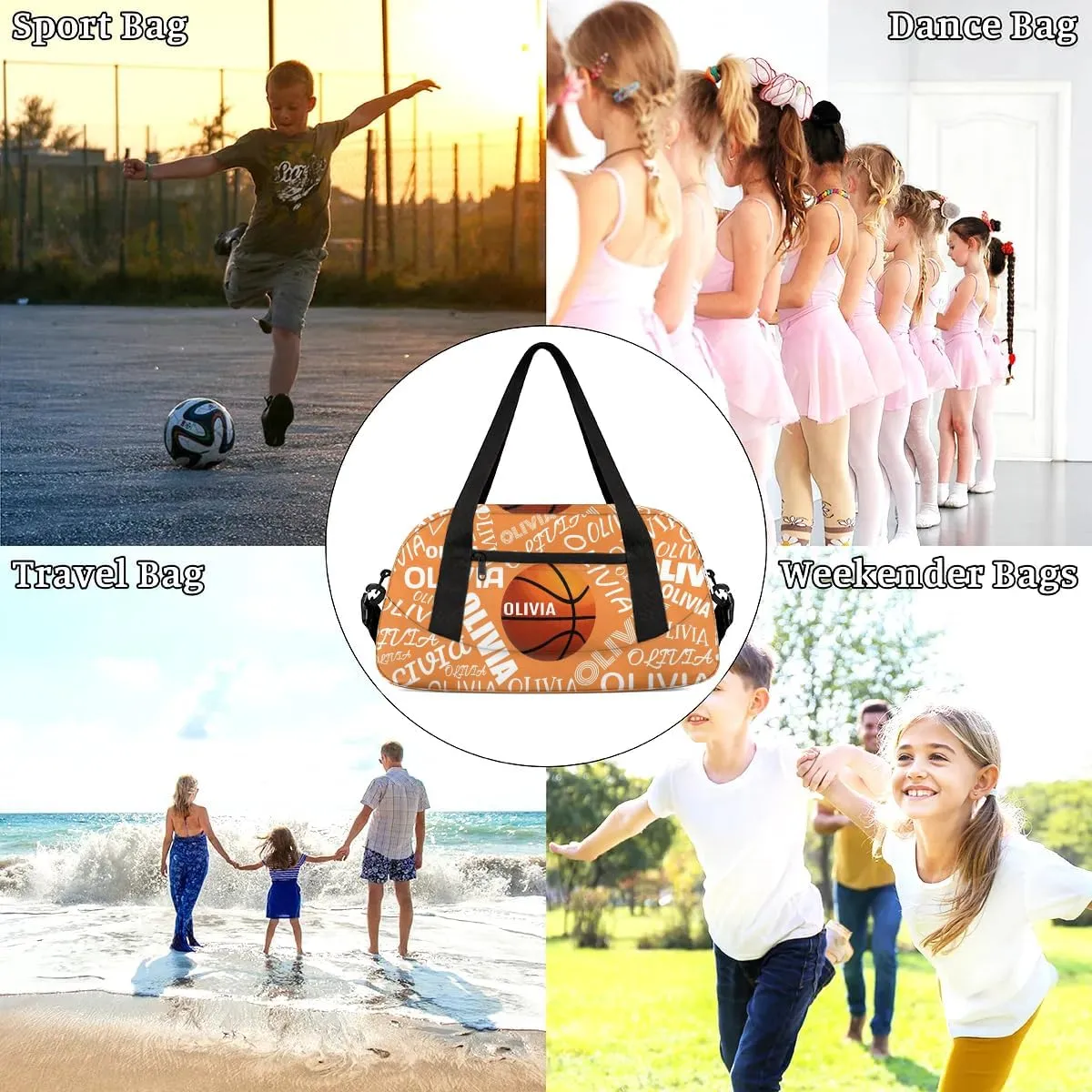 Basketball Custom Sport Gym Bag, Personalized Name Overnight Duffel Bag for Boys Girls Weekender Bags Carry On Training Bag, Pale Orange