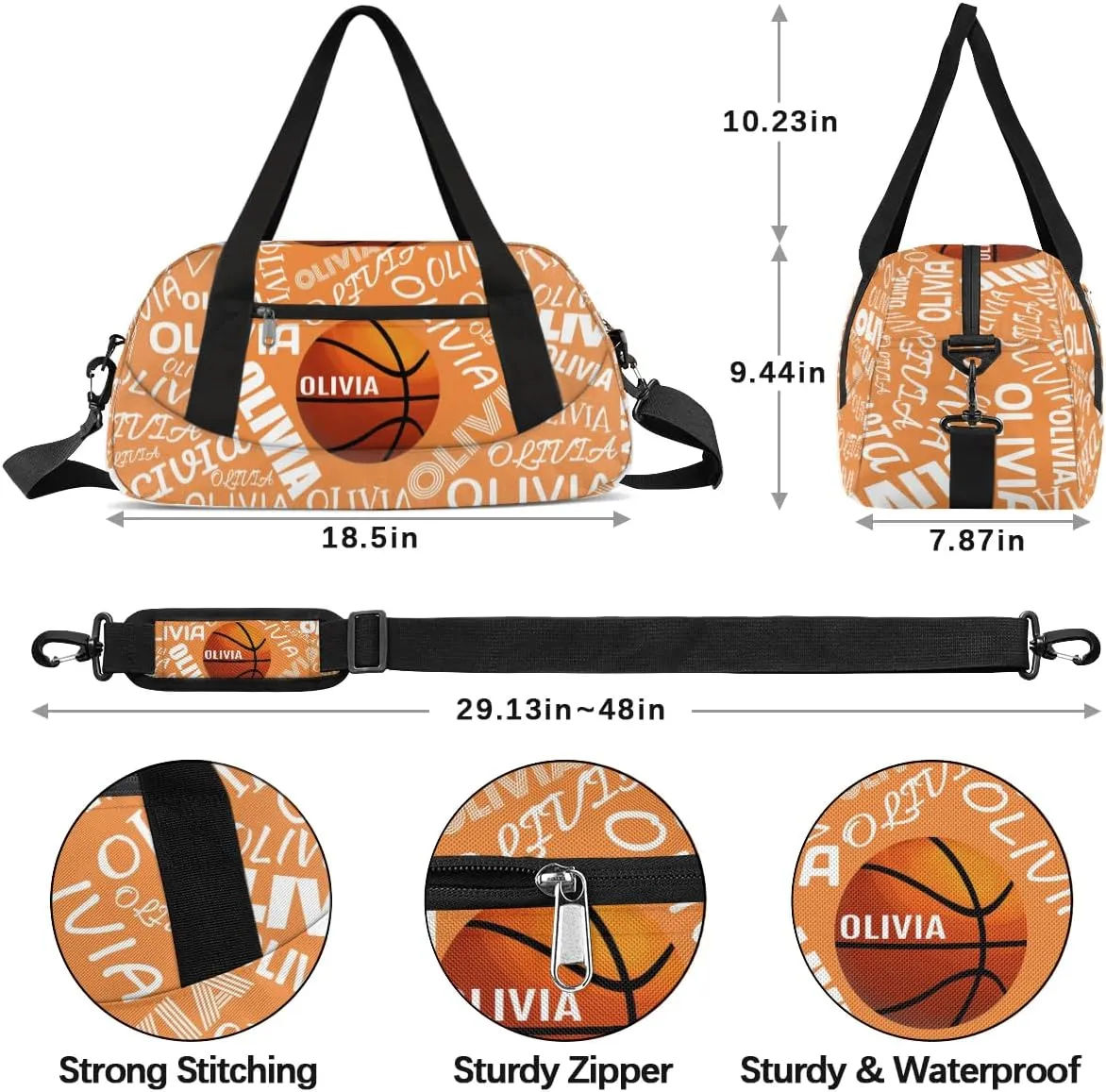 Basketball Custom Sport Gym Bag, Personalized Name Overnight Duffel Bag for Boys Girls Weekender Bags Carry On Training Bag, Pale Orange