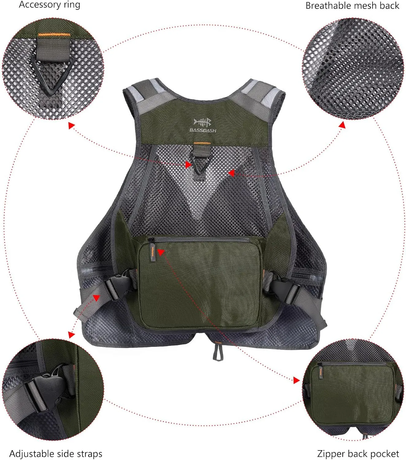 BASSDASH Strap Fishing Vest Adjustable for Men and Women, for Fly Bass Fishing and Outdoor Activities